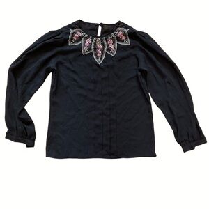 Elegant flower collar Black Embroidered Women's Top